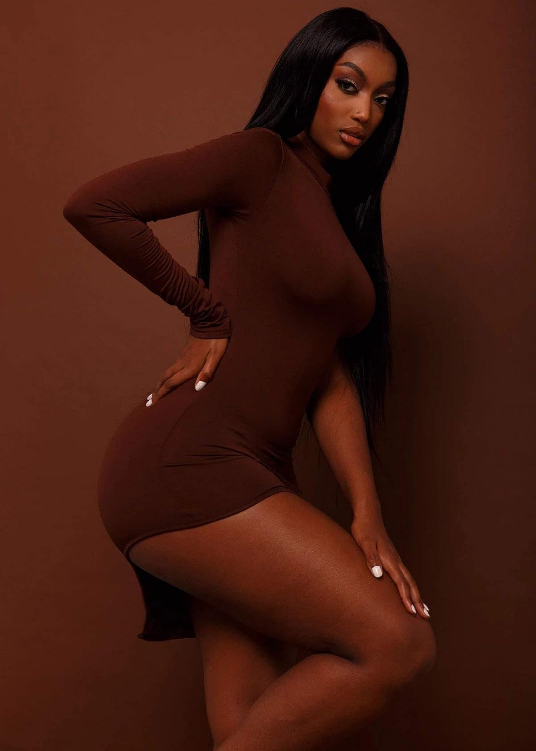 BYDIVA Classy One Shoulder Long Sleeve Bodycon Side Slit Party Dresses Clubwear